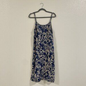 FLAX 100% Linen Midi Dress White & Blue Floral Print Made In USA Size P Small